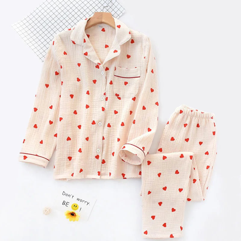 Spring New Ladies Pajamas Set Heart Printed Crepe Cotton Double-layer Gauze Turn-down Collar Long-sleeve Trousers Household Wear