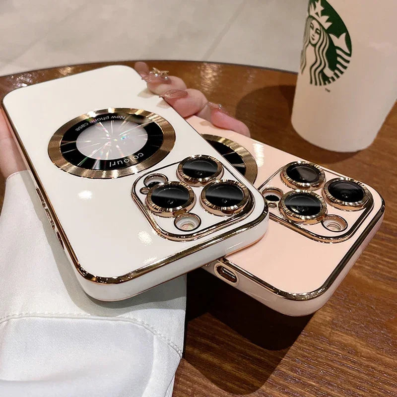 Luxury Plating Logo Hole Strong Magnetic Case For IPhone 15 14 13 12 11 Pro Max Plus Wireless Charging Magsafe Lens Film Cover