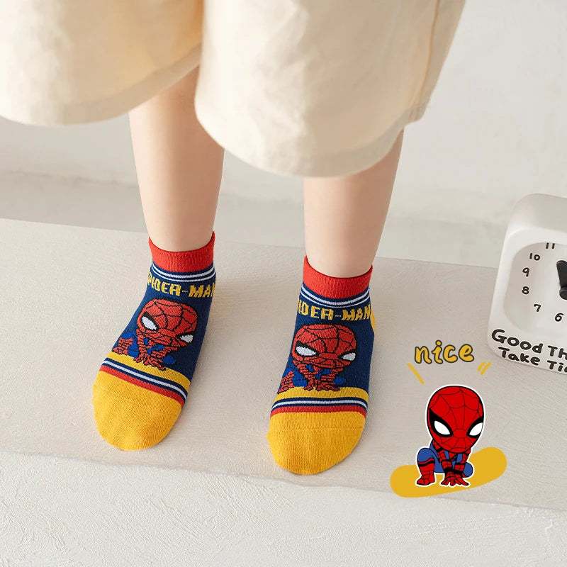 5 Pairs Children Socks Spiderman Anime Kids Boys Short Sock Iron Man Captain America Cartoon Baby Summer Spring Mesh Socks 1-12Y