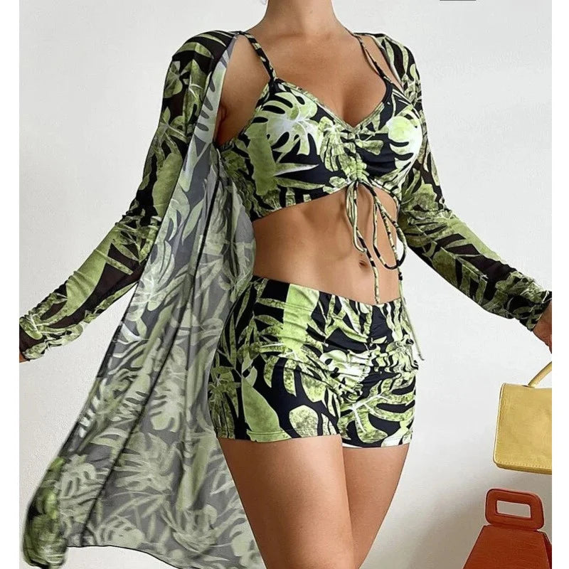 Summer Print Swimsuits Tankini Sets Female Swimwear Push Up For Beach Wear Three-Piece Bathing Suits Pool Women's Swimming Suit